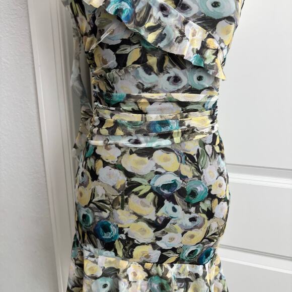 Zara Floral Mesh Ruched Mini Dress V-Neck Ruffle Sleeveless Small Asymmetrical - Picture 6 of 10